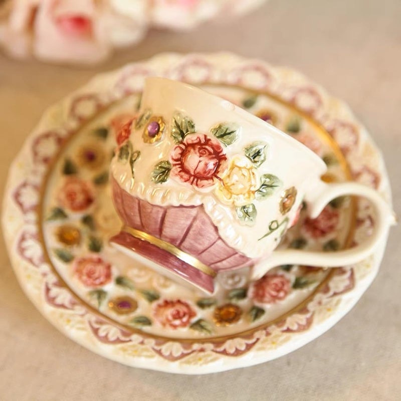 FORLONG Ceramic Coffee Mug and Saucer Set for Women, Vitorian Hand-painted Rose Flower Tea Cup - 3oz(Red) - Image 2